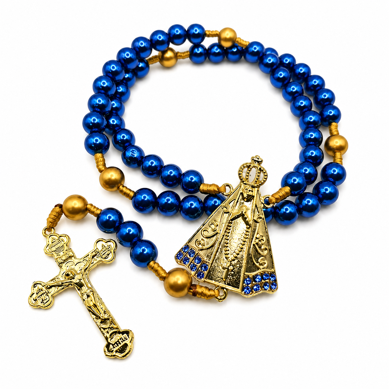 Terço Nossa Senhora Aparecida Azul/Dourado Contas Grandes