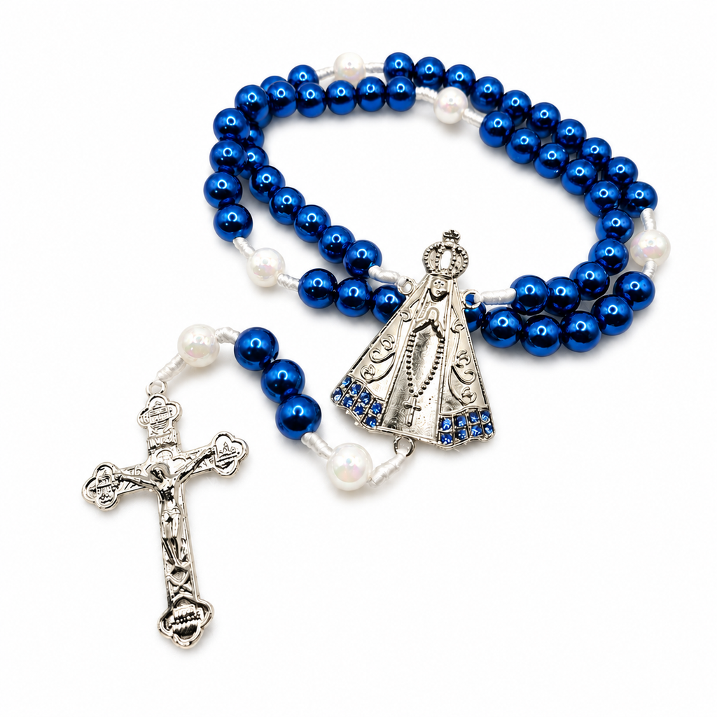 Terço Nossa Senhora Aparecida Azul/Branco Contas Grandes