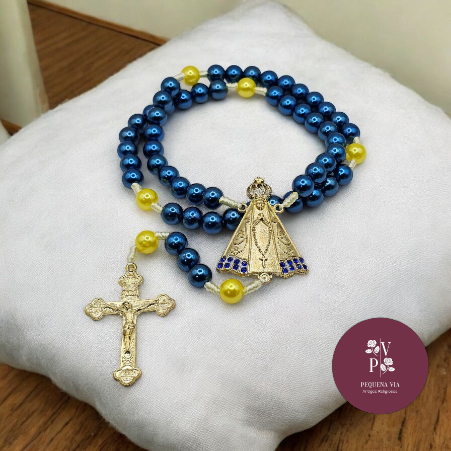 Terço Nossa Senhora Aparecida Azul/Amarelo Contas Grandes