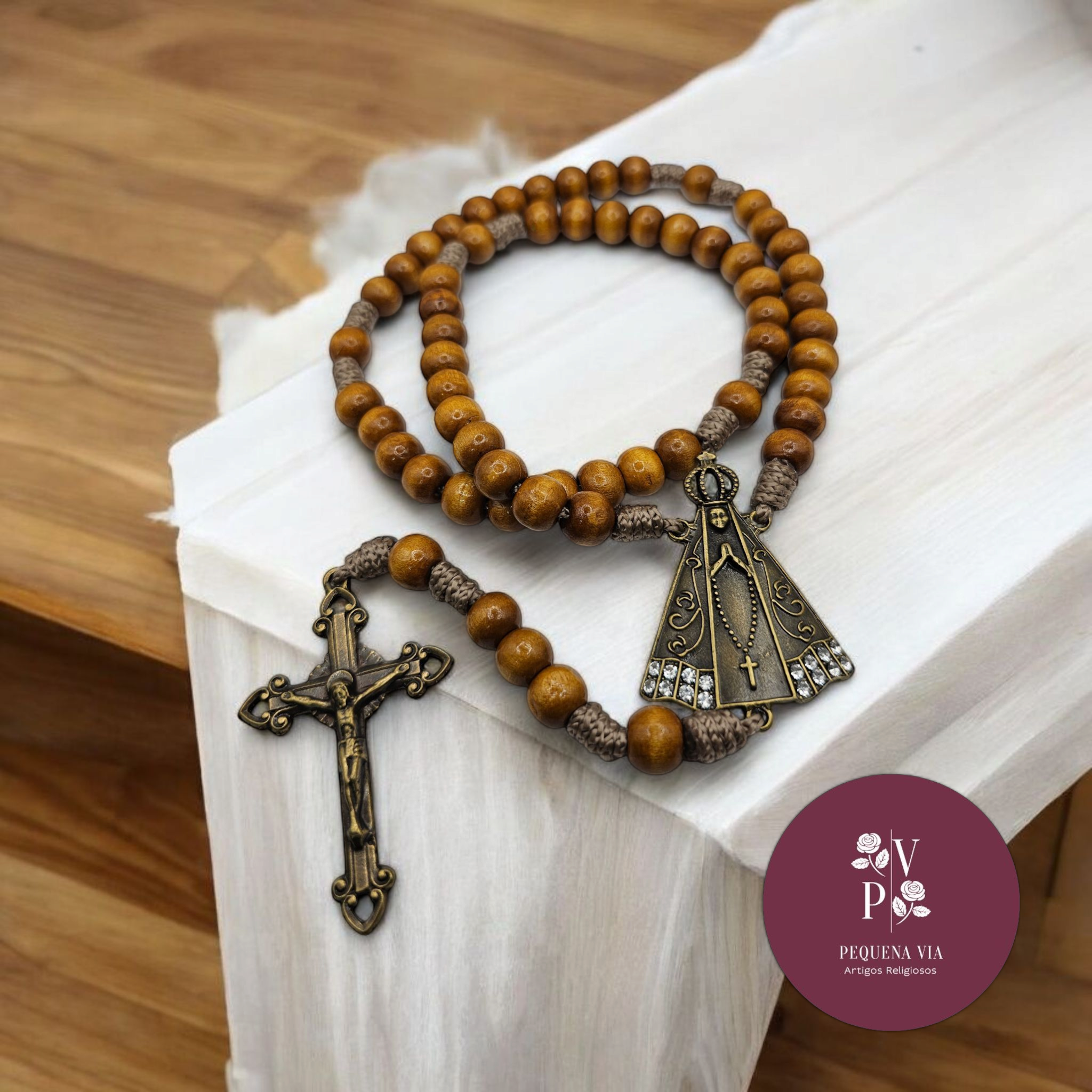 Terço Nossa Senhora Aparecida Madeira Contas Grandes