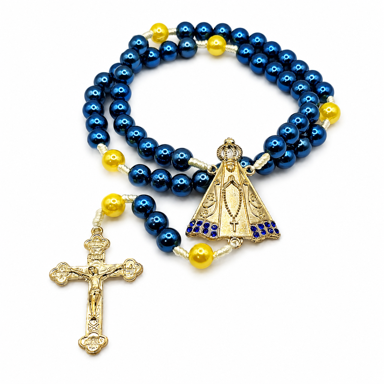 Terço Nossa Senhora Aparecida Azul/Amarelo Contas Grandes