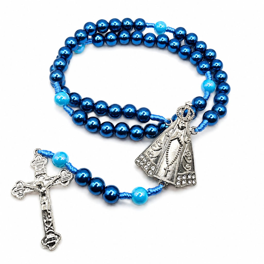 Terço Nossa Senhora Aparecida Azul Royal/Azul Claro Contas Grandes