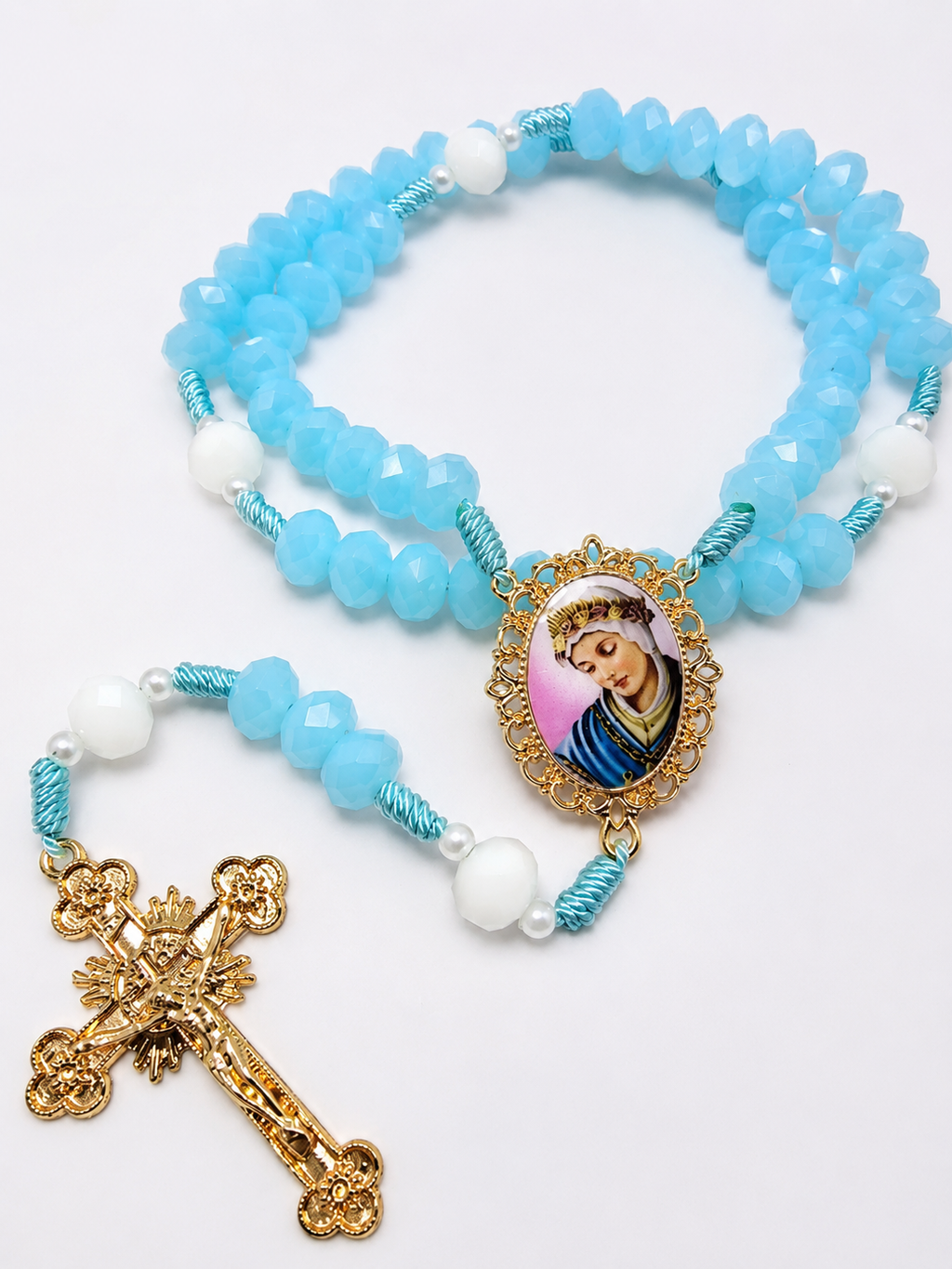 Terço Nossa Senhora de La Salette Cristais de Vidro Azul Claro e Branco