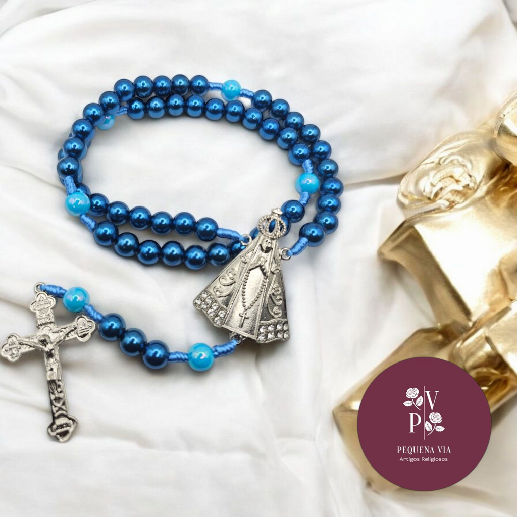 Terço Nossa Senhora Aparecida Azul Royal/Azul Claro Contas Grandes