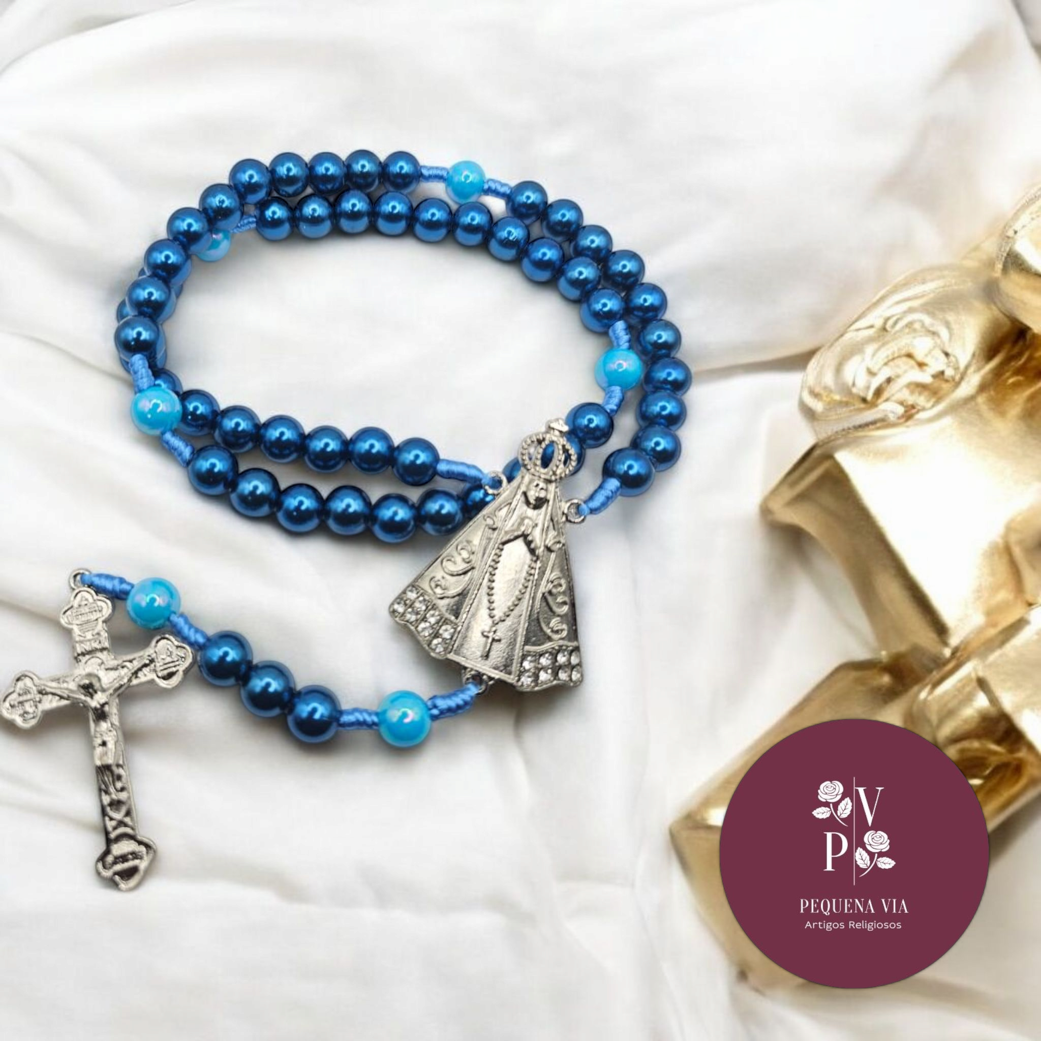 Terço Nossa Senhora Aparecida Azul Royal/Azul Claro Contas Grandes