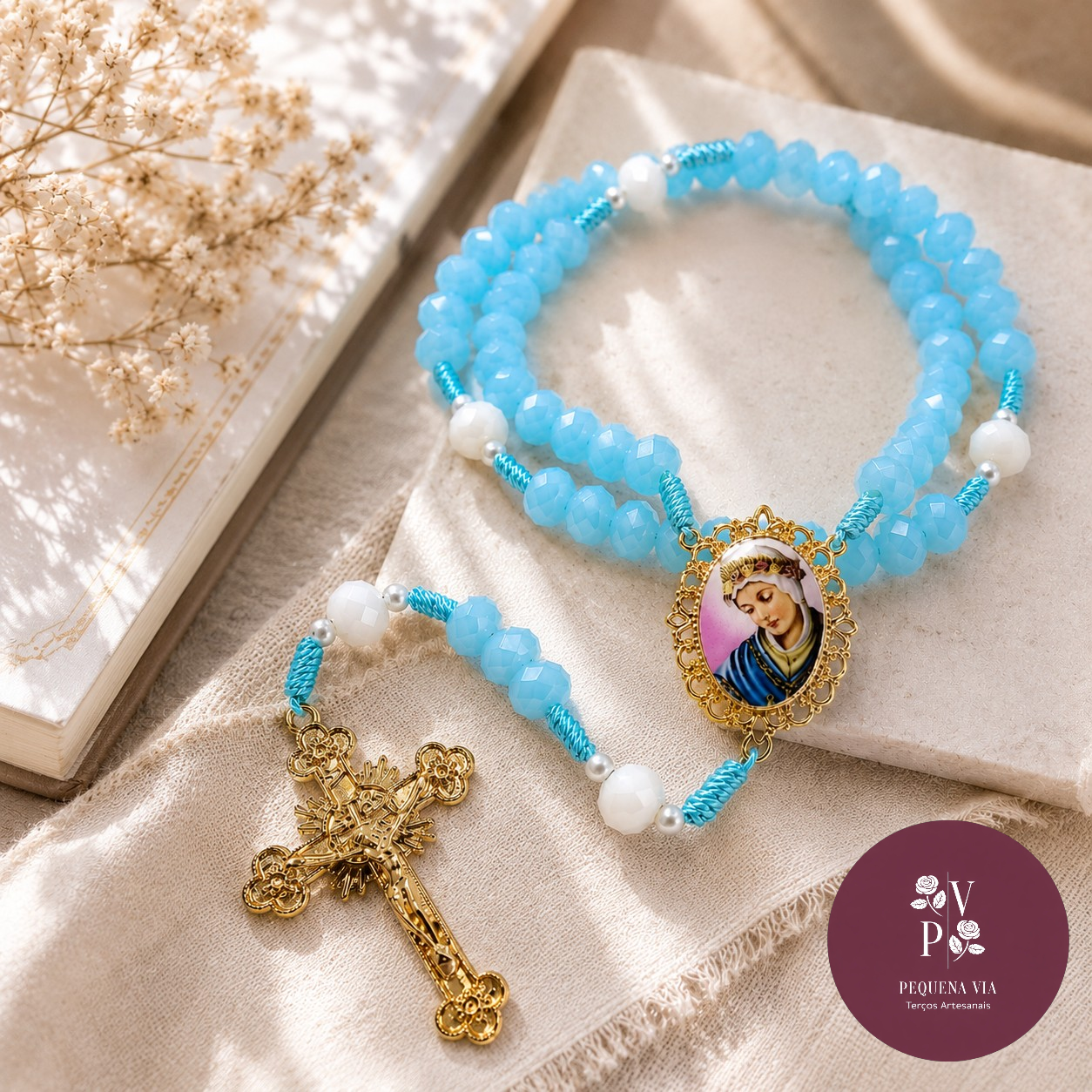 Terço Nossa Senhora de La Salette Cristais de Vidro Azul Claro e Branco