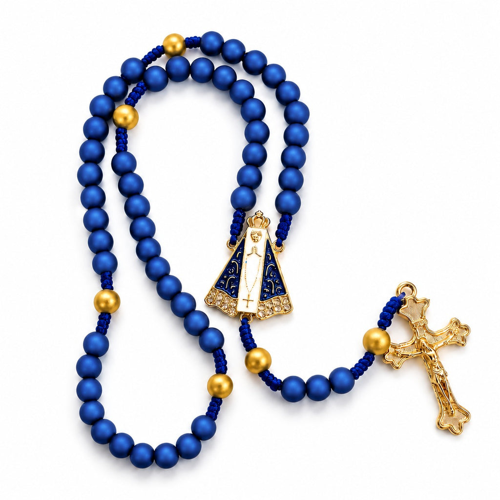 Terço Nossa Senhora Aparecida Manto Resinado Dourado Contas Metalizadas