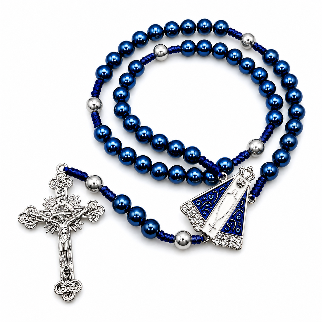 Terço Nossa Senhora Aparecida Manto Resinado Níquel Contas Peroladas
