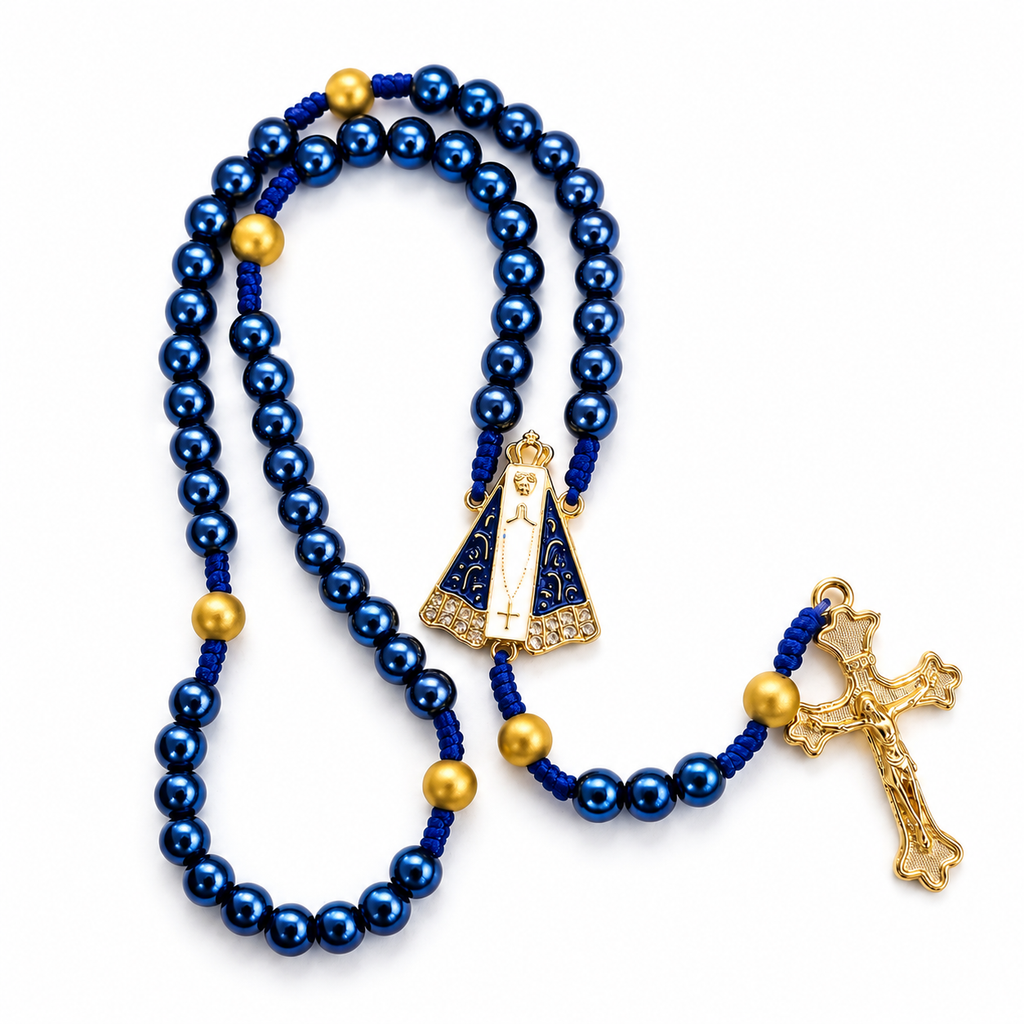 Terço Nossa Senhora Aparecida Manto Resinado Dourado Contas Peroladas