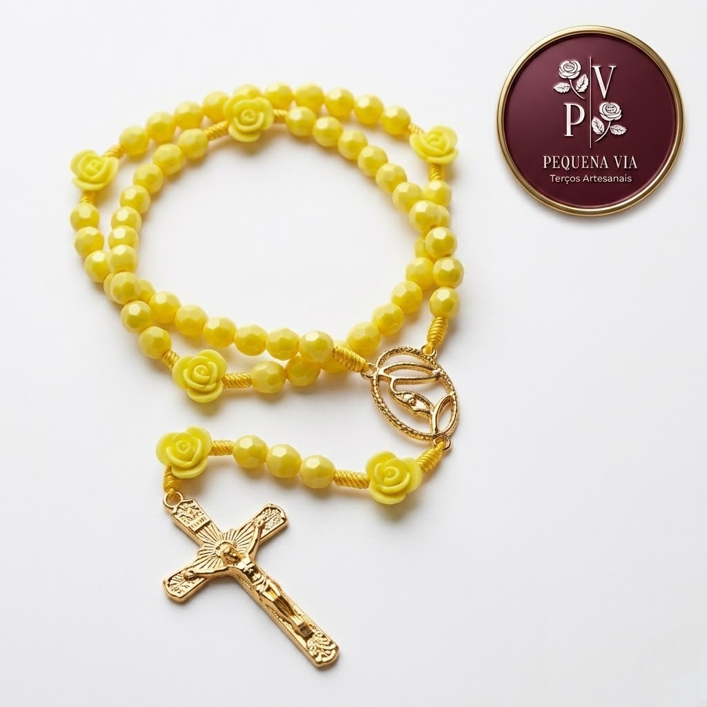 Terço Virgem do Silêncio Amarelo com Rosas